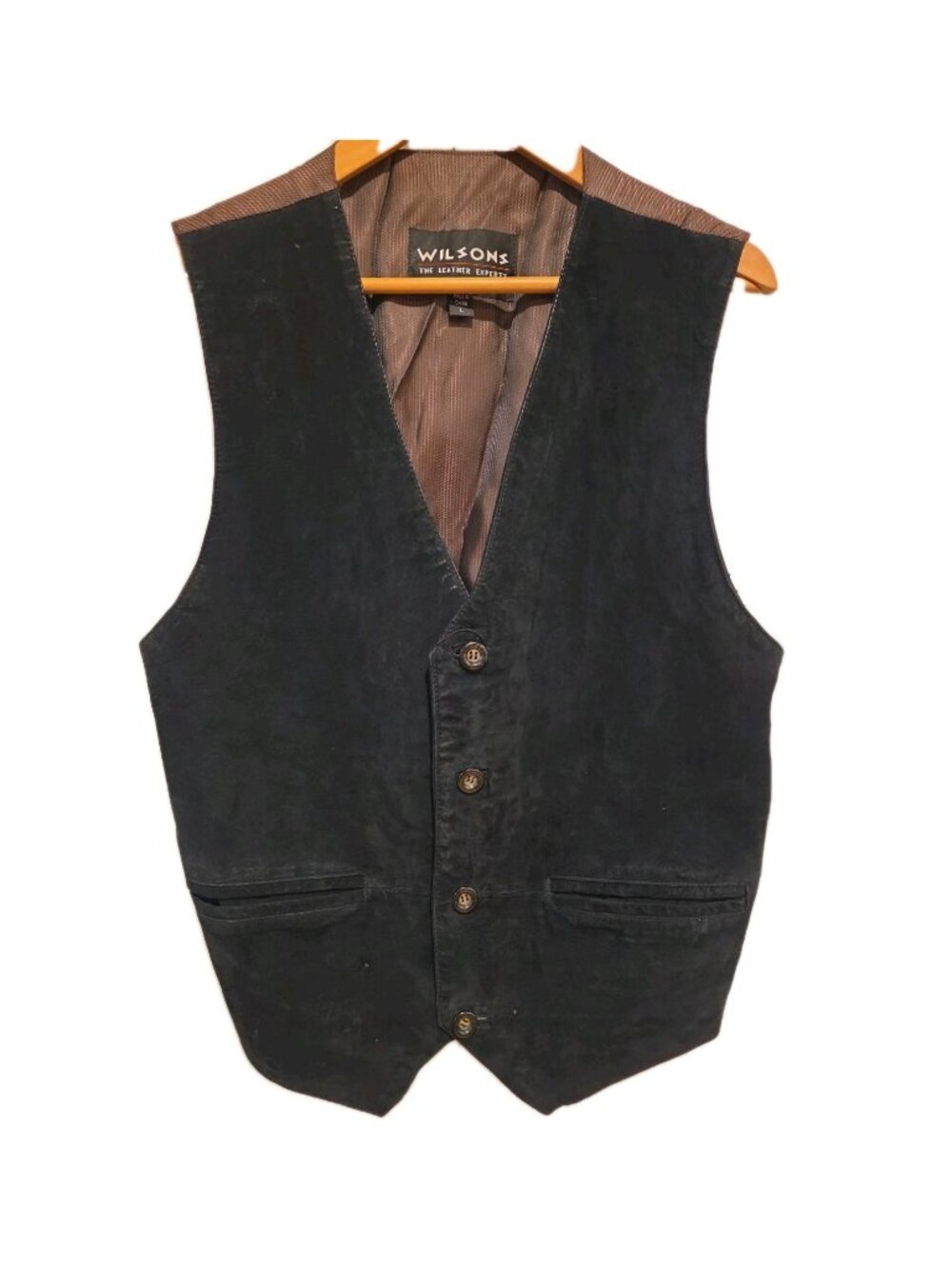 Wilsons Leather Suede Vest Mens Lsrge Black Back Cinch Waistcoat Buttons Pockets